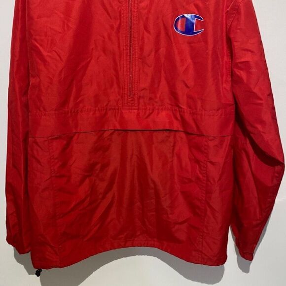 Champion Men's Half Zip Logo Pullover Red Hooded Windbreaker Jacket Small - Picture 2 of 9